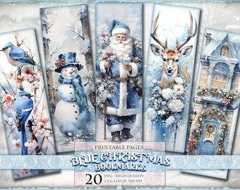 Blue Christmas Bookmarks, Vintage Noel, Watercolor Digital Sheets, 2x6,3 inch 20 bookmarks in 4 printable JPG pages, Instant download.