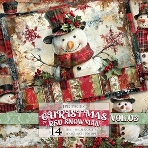 Weihnachten roter Schneemann Vol.03, Winter Landschaft, printable 14 JPG Bild, Scrapbook Ephemera Junk Journal Seiten, Postkarte Sofort download.
