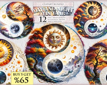 Day and Night Yin Yang, Watercolor Clipart Bundle, 12 HQ Printable, Transparent PNG format, instant download.