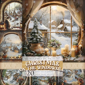 Navidad en el alféizar de la ventana, paisaje de Noel 20 HQ JPG Shabby Chic Imprimible Acuarela Clipart Álbum de recortes Efímera, Descarga instantánea