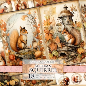 Autumn Squirrel, kit per diario con acquerello, 18 JPG - 11 x 8,5 pollici, download immediato e stampabile, foglio di collage digitale.