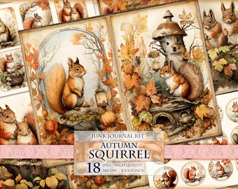 Autumn Squirrel, Watercolor Junk Journal Kit, 18 JPG - 11X8,5 inch, Instant download and printable, Digital collage sheet.