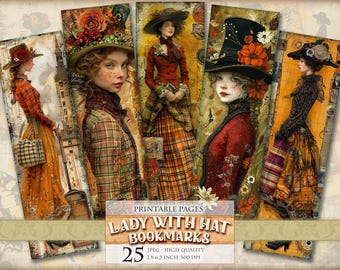 Lady With Hat Bookmarks, Watercolor Digital Sheets, 2x6,5 inch 25 Bookmarks in 5 printable JPG pages, Instant download.