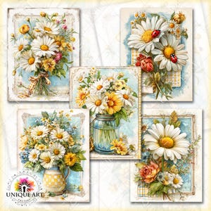 May include: A collection of five vintage-style floral art prints. Each print features a bouquet of daisies and other flowers in a vase or tied with a ribbon. The prints have a soft, watercolor aesthetic with a blue and yellow color scheme.