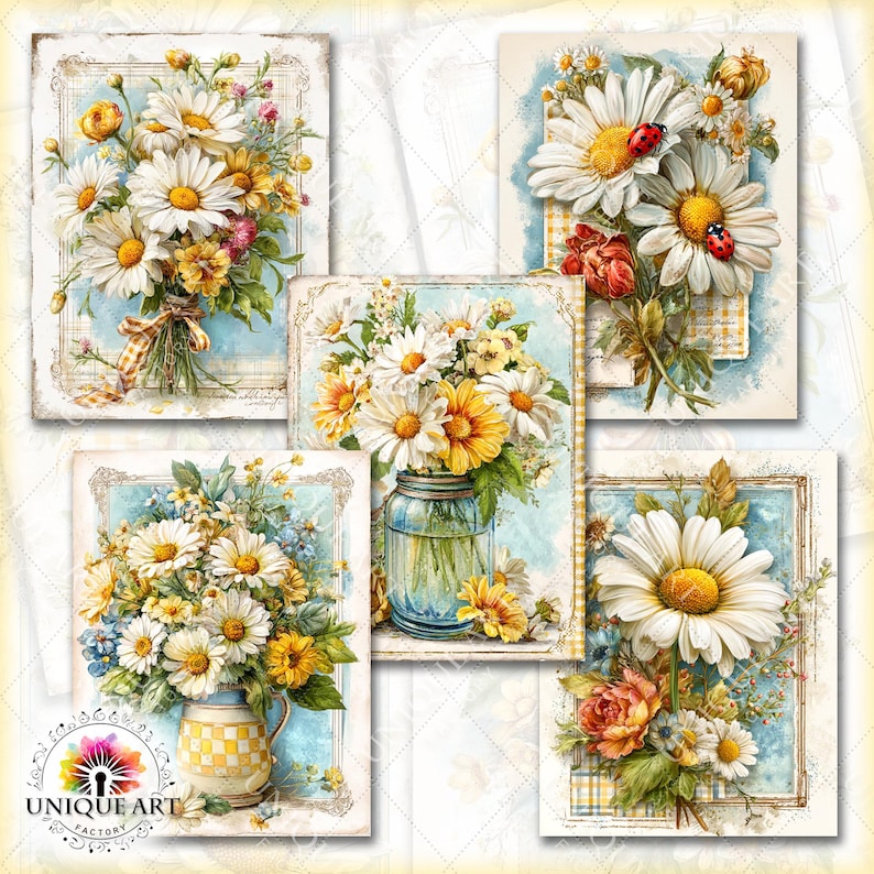 May include: A collection of five vintage-style floral art prints. Each print features a bouquet of daisies and other flowers in a vase or tied with a ribbon. The prints have a soft, watercolor aesthetic with a blue and yellow color scheme.