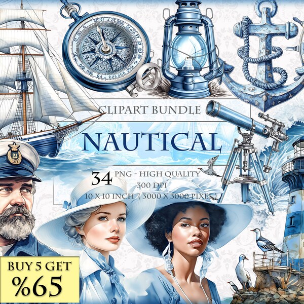 Nautical - Marine themed Watercolor Clipart Bundle - HQ Printable PNG format instant download.