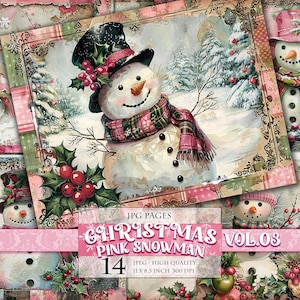 Bonhomme de neige rose de Noël Vol.03, paysage d'hiver, image numérique imprimable, pages de carnet de scrapbooking, carte postale de découpage, téléchargement immédiat.