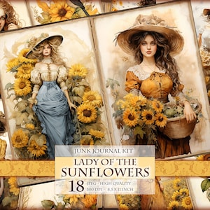 Lady Of The Sunflowers, Romantyczne kobiety, Zestaw do pisania akwarelowych pamiętników, Album, 18 zdjęć w formacie JPG o wysokiej rozdzielczości, obraz cyfrowy, Natychmiastowe pobranie.