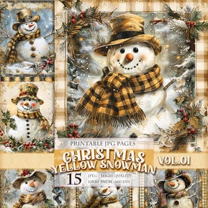 Muñeco de nieve amarillo Vol.01 Paisaje navideño, 15 imágenes prediseñadas de acuarela imprimibles en formato JPG de alta calidad, descarga instantánea de postales para decoupage de álbumes de recortes