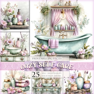 Op de afbeelding: Waterverfillustratie met een gezellig self-care thema. De afbeelding toont een vintage bad, badproducten, bloemen en de tekst "COZY SELF CARE". De afbeelding is 25,4 x 25,4 cm en van hoge kwaliteit.