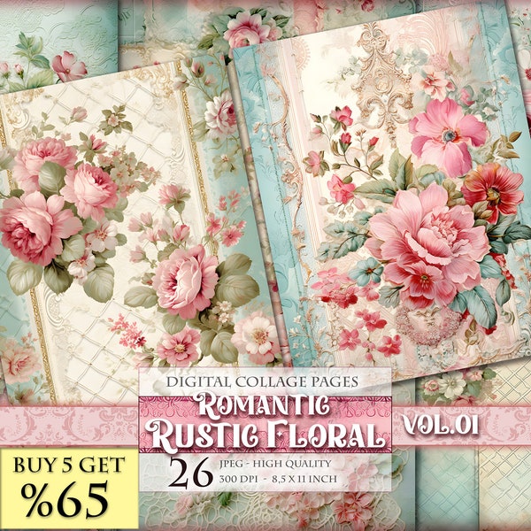 Romantic Rustic Floral Pages Vol.01, Watercolor Scrapbook Collage Sheets, Printable 26 Single Page JPG - 11X8.5 inch, Instant download.