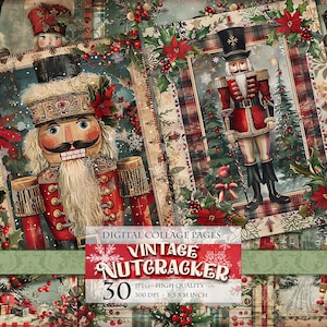 Quebra-nozes vintage de Natal, folha de colagem digital, páginas para impressão, HQ 30 JPG - 11 x 8,5 polegadas, página única, download instantâneo.