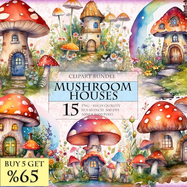 Mushroom Houses - Watercolor Clipart Bundle - HQ Printable PNG format instant download