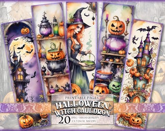Halloween Witch Cauldron Bookmarks, Watercolor Digital Image, 2x7 inch 20 Bookmarks in 4 printable JPG pages Gothic Horror Instant download.