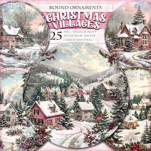 Pueblos navideños PNG adornos redondos, paquete de imágenes prediseñadas de paisaje de acuarela 25 coronas para colgar puertas imprimibles de alta calidad, descarga instantánea de imágenes.