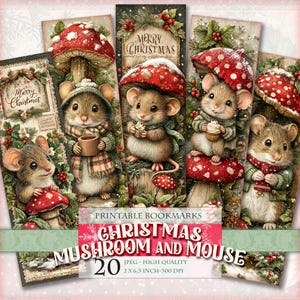 Può includere: Un set di segnalibri natalizi con adorabili topi e funghi rossi. I topi indossano abiti invernali e tengono oggetti. I segnalibri includono il testo "Merry Christmas" e "Christmas Mushroom and Mouse".