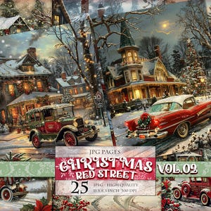 Christmas Red Streets Vol.02, Winter Landschaft, Printable 25 JPG Bild, Junk Journal Ephemera Scrapbook Seiten, Postkarte, Sofort download.
