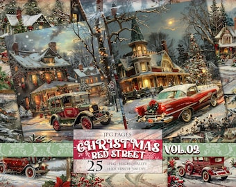 Christmas Red Streets Vol.02, Winter Landscape, Printable 25 JPG image, Junk Journal Ephemera Scrapbook Pages, postcard, Instant download.