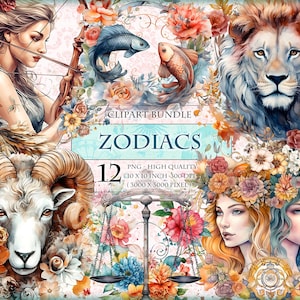 Znaki zodiaku - Horoskop, Astrologiczny zestaw akwarelowych klipartów, Wydrukuj 12 obrazów HQ PNG Naklejka sublimacyjna Fussy Cuts do natychmiastowego pobrania