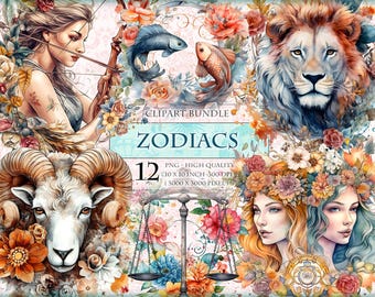 May include: A set of 12 digital illustrations of zodiac signs, each featuring a watercolor style with floral elements. The signs include Aries, Taurus, Gemini, Cancer, Leo, Virgo, Libra, Scorpio, Sagittarius, Capricorn, Aquarius, and Pisces. The illustrations are high quality and perfect for digital scrapbooking, card making, and other creative projects.