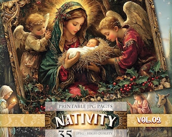 Nativity Vol.02, Printable 35 HQ JPG images, Religious Painting Art Scrapbook Junk Journal Postcard Decoupage illustration Instant download.