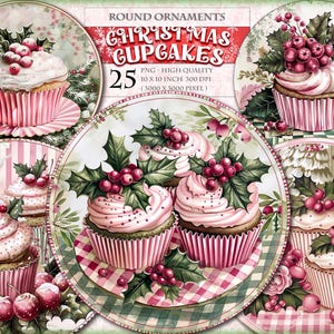 Adornos redondos de cupcakes navideños, paquete de imágenes prediseñadas de acuarela, 25 imágenes PNG imprimibles de alta calidad, descarga instantánea de decoupage de álbum de recortes de diario basura.