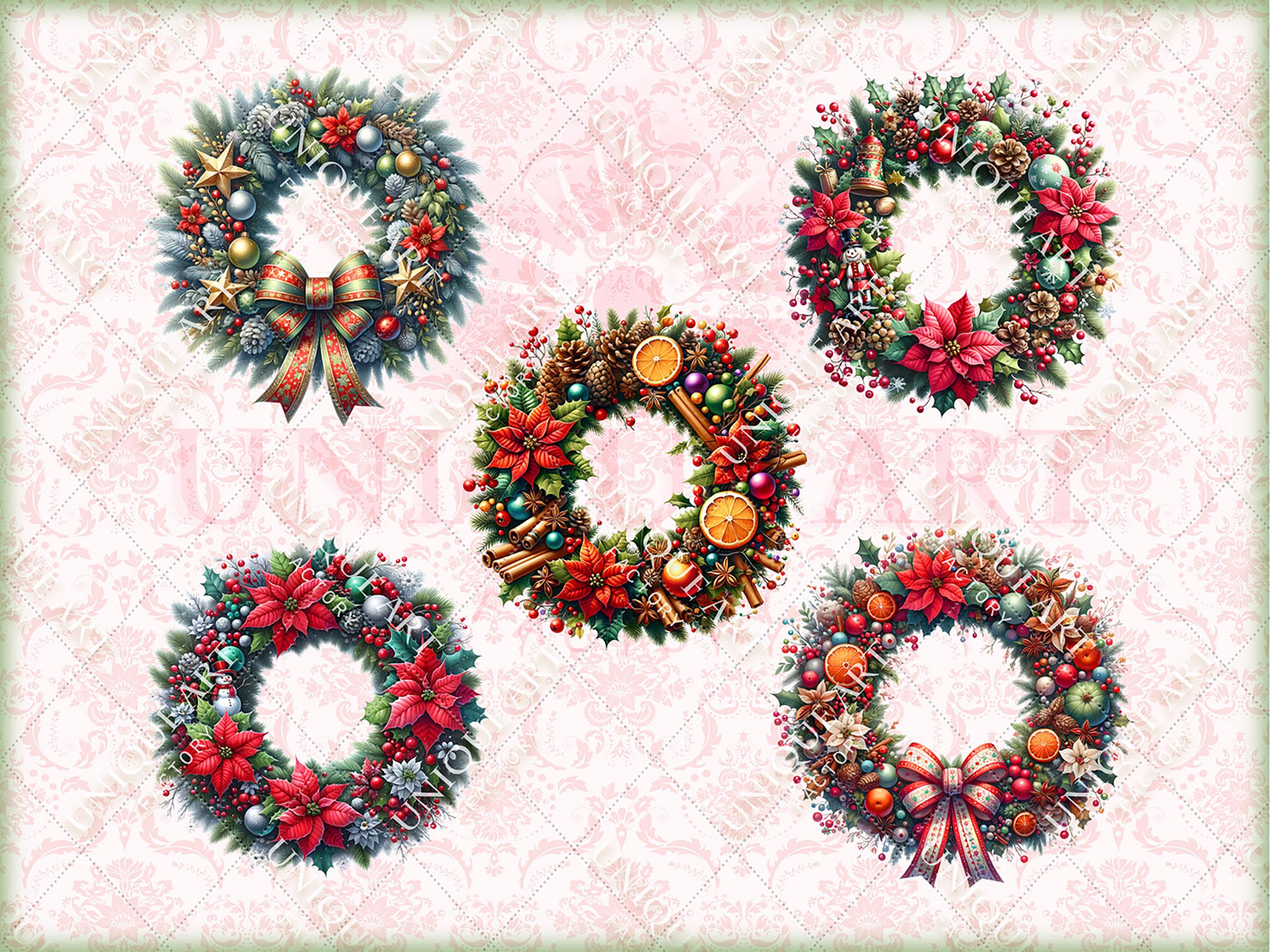 クリスマスファンシーリース Vol.01、花の水彩画クリップアート