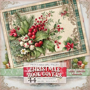 Puede incluir: Un diseño de portada de libro navideño vintage con un ramo de acebo, bayas y pino. El diseño tiene un borde a cuadros verde y el texto "Christmas Book Covers" con "Red Tones Vol. 02". La imagen mide 21,59 x 27,94 cm.