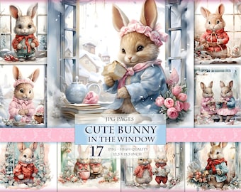 Cute Bunny in the Window, Watercolor Printable Pages, HQ 17 JPG - 13,5 X 13,5 inch, Instant download.