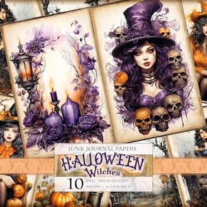 May include: A set of 10 digital papers featuring a Halloween theme with images of witches, skulls, candles, and pumpkins. The papers are designed for junk journaling and are 8.5 x 11 inches in size.  JUNK JOURNAL PAPERS HALLOWEEN Witches 10 JPEG - HIGH QUALITY 300 DPI - 8.5 X 11 INCH