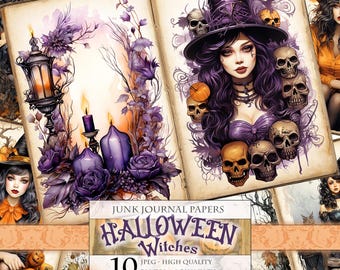 Sorcières d&#39;Halloween, pages de journal indésirable aquarelle sur le thème du gothique et de l&#39;horreur, image imprimable 10 JPG, éphémères de scrapbooking faisant le téléchargement immédiat