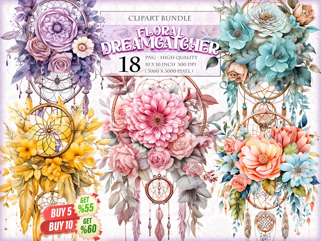 Floral Dreamcatchers, Watercolor Clipart Bundle, 18 HQ Printable Image ...
