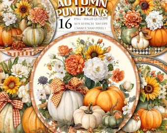 Autumn Pumpkins Round Clipart, Printable 16 PNG image, Decorative Gift Ornament Fussy Cuts Sticker Door Hanger Wreath Sign, instant download