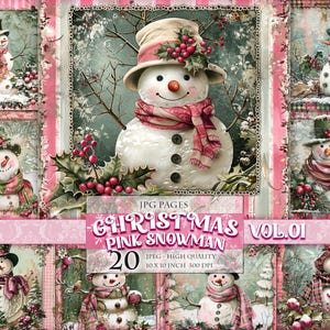 クリスマス ピンク スノーマン Vol.01、冬の風景、印刷可能なデジタル スクラップブック ページ、10 x 10 インチ 20 JPG ファイル、即時ダウンロード。