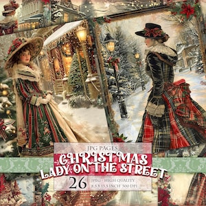 Christmas Lady On The Street, Printable Scrapbook Pages, Watercolor Digital images, Junk Journal Postcard Decoupage Making Instant download.