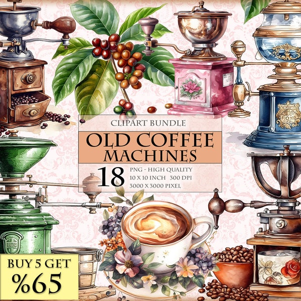 Old Coffee Machines - Vintage and Antique Coffee Mill - Watercolor ClipArt Bundle - HQ Printable PNG format instant download