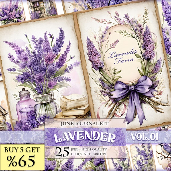 Lavender Vol.01 Aquarell Floral Junk Journal Kit, 25 JPG - 11X8.5 Zoll, sofort downloadbar und druckbar, Digitales Collage Sheet