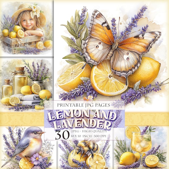 Lemon and Lavender, Printable HQ 30 JPG image, Spring Floral Fruit Clipart, Junk Journal Folio Pages, Scrapbook Ephemera, Instant download.