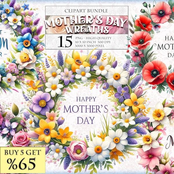 Mother's Day Wreaths, Floral Watercolor Clipart Bundle, 15 HQ Printable, Transparent PNG format, instant download.