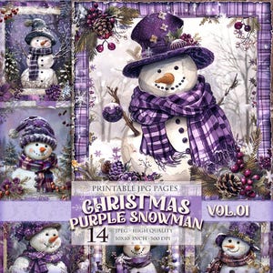Purpurroter Schneemann Vol.01 Weihnachtslandschaft, 14 lobende JPG Shabby-Chic druckbare Aquarell Clipart, Scrapbook-Postkarte Decoupage sofort download