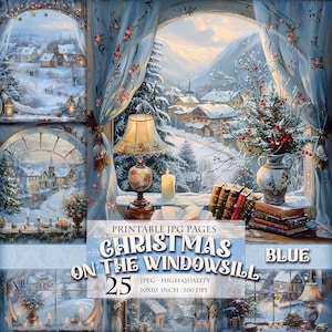 窓辺のクリスマス - 青、ノエルの風景 25 HQ JPG みすぼらしいシックな印刷可能な水彩画クリップアート スクラップブック ポストカード 即時ダウンロード