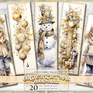 Segnalibri natalizi dorati, Vintage Noel, fogli digitali acquerellati, 2 x 6,3 pollici, 20 segnalibri in 4 pagine JPG stampabili, download immediato.