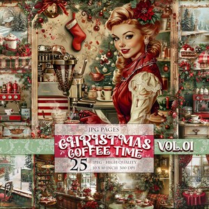 クリスマス コーヒー タイム Vol.01、印刷可能なスクラップブック ページ、水彩デジタル画像、ジャンク ジャーナル ポストカード デコパージュ作成、即時ダウンロード。