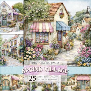 Village printanier, paysage floral, image imprimable HQ 25 JPG, pages folio de journal indésirable, éphémères de scrapbooking, téléchargement immédiat.