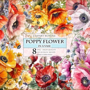 Flor de papoula em um vaso - Flores de papoula para convite de casamento - Pacote de clipart em aquarela - 8 formatos PNG para impressão em HQ para download instantâneo