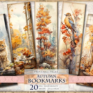 Marcadores de outono, paisagens de outono, folhas digitais de aquarela, 2 x 6,3 polegadas, 20 marcadores em 4 páginas JPG para impressão, download instantâneo.