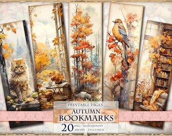 Autumn Bookmarks, Fall Landscape, Watercolor Digital Sheets, 2x6,3 inch 20 bookmarks in 4 printable JPG pages, Instant download.