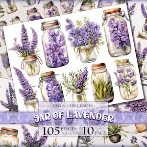 Puede incluir: 105 etiquetas y etiquetas imprimibles digitales con ilustraciones de acuarela de frascos llenos de flores de lavanda. El texto "JAR OF LAVENDER" está en una pancarta morada en la parte superior de la imagen. El texto "105 PIECES IN 11 X 8.5 INCH 10 PAGE" está en la parte inferior de la imagen.