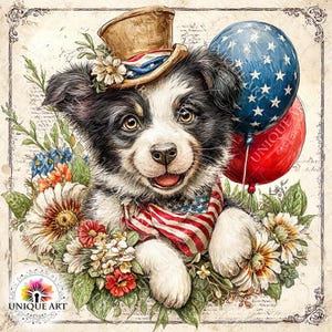 May include: A watercolor illustration of a smiling puppy wearing a patriotic top hat and a bandana with the American flag design. The puppy is surrounded by flowers and holding two balloons, one blue with white stars and one red.