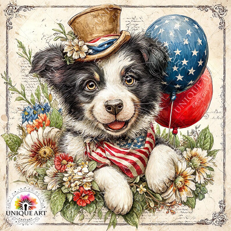 May include: A watercolor illustration of a smiling puppy wearing a patriotic top hat and a bandana with the American flag design. The puppy is surrounded by flowers and holding two balloons, one blue with white stars and one red.